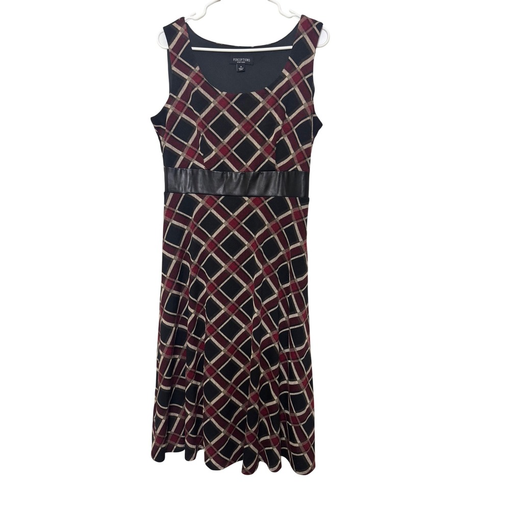 Perceptions New York Women's Plaid Midi Dress with Faux Leather Belt‎ Size M